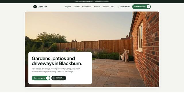 Larch & Flint demo homepage on desktop: a sandstone patio beside a brick house, the headline Gardens, patios and driveways in Blackburn, and a Get a free quote button