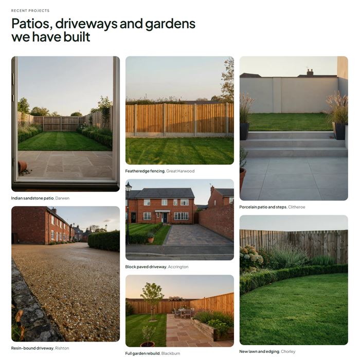 Larch & Flint demo projects page: photos of a sandstone patio, featheredge fencing, a porcelain patio with steps, a resin driveway, a block paved driveway and new lawns, each captioned with the job and the town