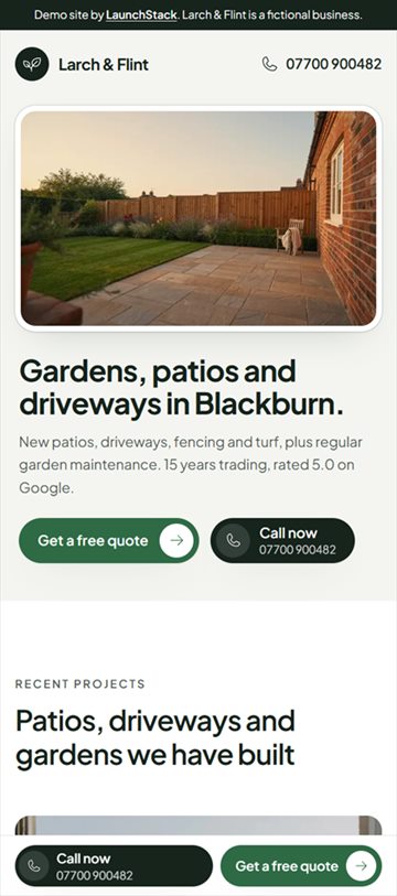 The same Larch & Flint homepage on a phone, with the phone number in the header and Call now and Get a free quote buttons fixed to the bottom of the screen