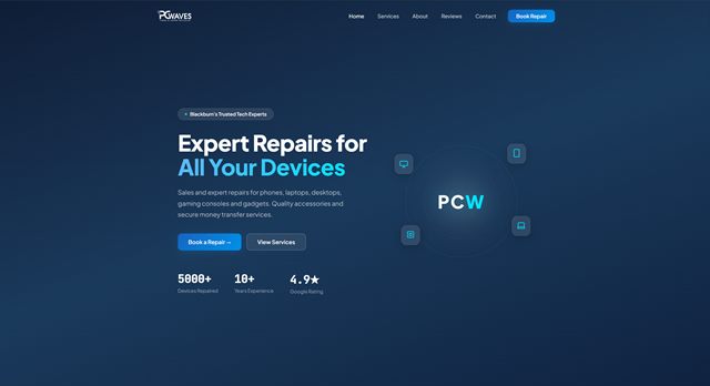 PCWaves homepage on desktop: a dark blue hero with the headline Expert Repairs for All Your Devices and a Book a Repair button