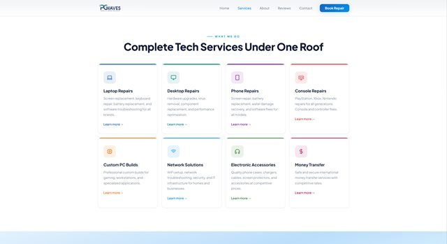 PCWaves services page: a grid of cards for laptop, desktop, phone and console repairs, custom PC builds and accessories